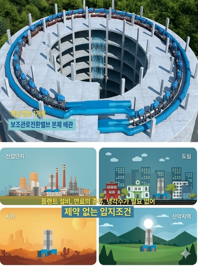 수력타워발전소 구성과 입지 구상 자료. 제공된 인터뷰 원본 이미지.